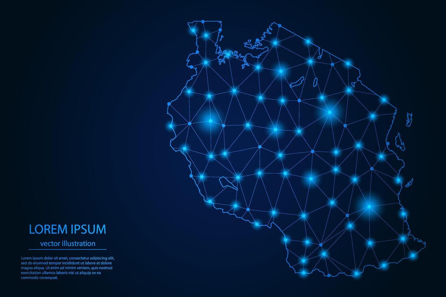 Abstract image Tanzania map - With Blue Glow Dots And Lines On Dark Gradient Background, 3D Mesh Polygon Network Connection. vector