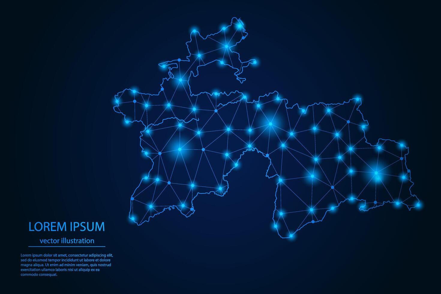 Abstract image Tajikistan map - With Blue Glow Dots And Lines On Dark Gradient Background, 3D Mesh Polygon Network Connection. vector