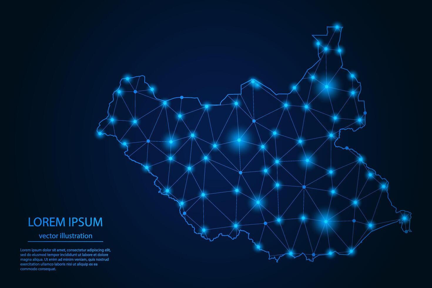 Abstract image South Sudan map - With Blue Glow Dots And Lines On Dark Gradient Background, 3D Mesh Polygon Network Connection. vector