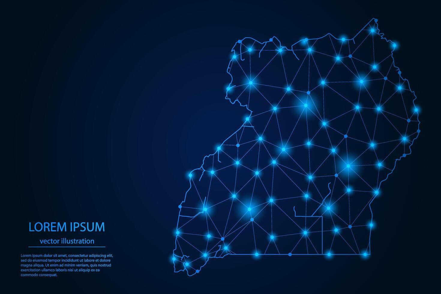 Abstract image Uganda map - With Blue Glow Dots And Lines On Dark Gradient Background, 3D Mesh Polygon Network Connection. vector