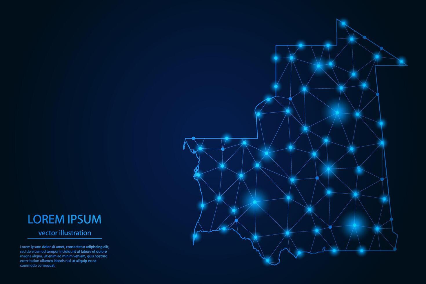 Abstract image Mauritania map - With Blue Glow Dots And Lines On Dark Gradient Background, 3D Mesh Polygon Network Connection. vector