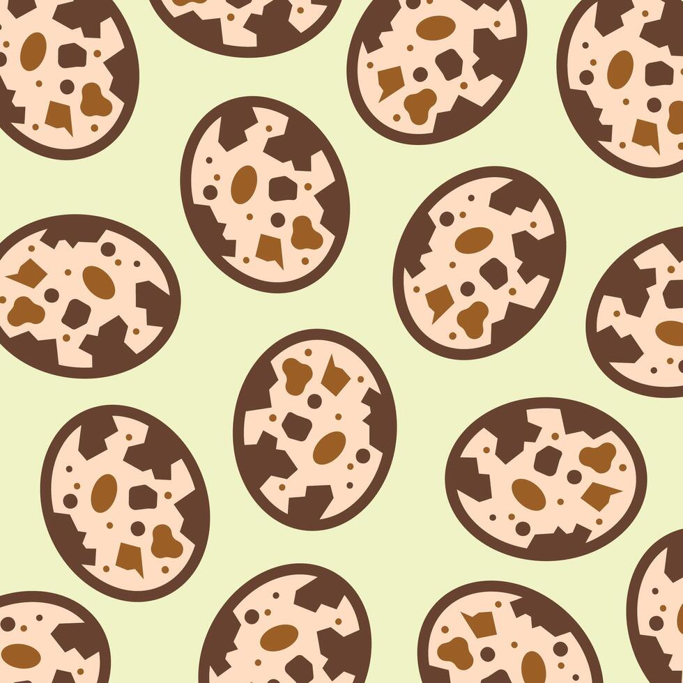 Quail egg with brown spotted shell colored icon pattern illustration isolated on square light green background. Simple flat cartoon art styled drawing. vector