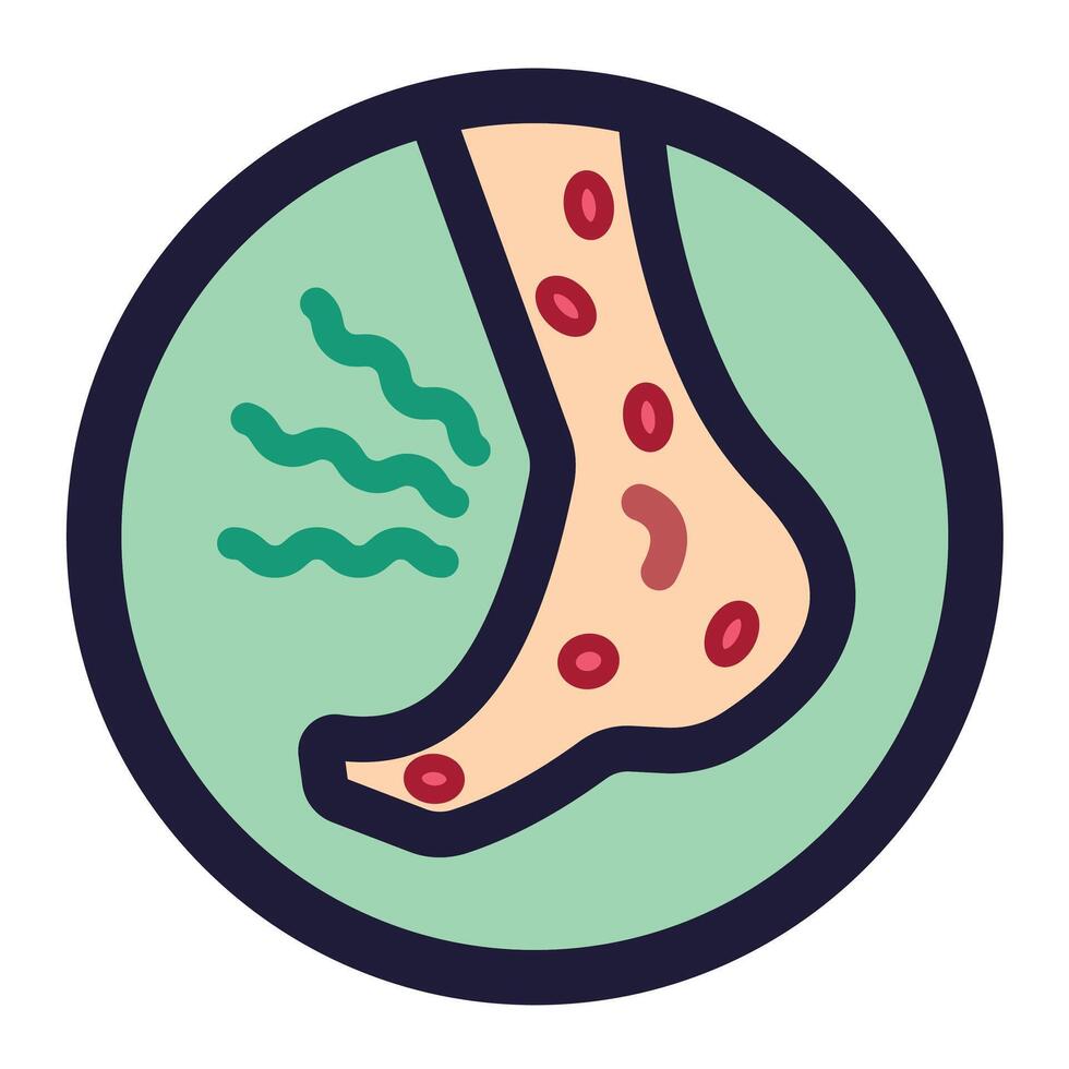 Eczema or bed bug bites on foot colored icon illustration with outline isolated on square white background. Simple flat health care rash and allergy treatment themed cartoon styled drawing. vector