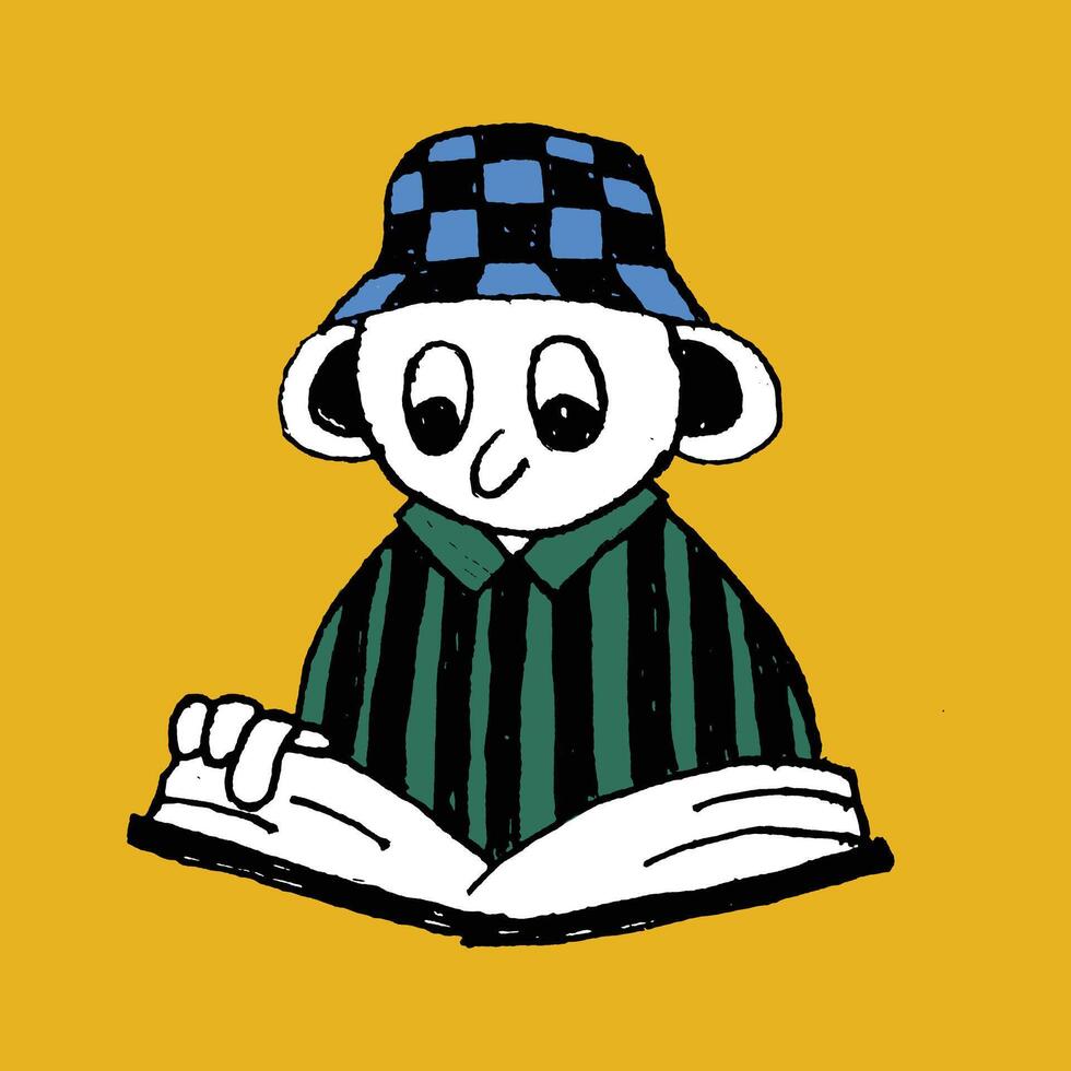 hand drawn cute character reading a book illustration vector