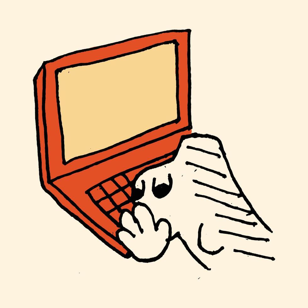 hand drawn cute illustration of dog in front of laptop vector