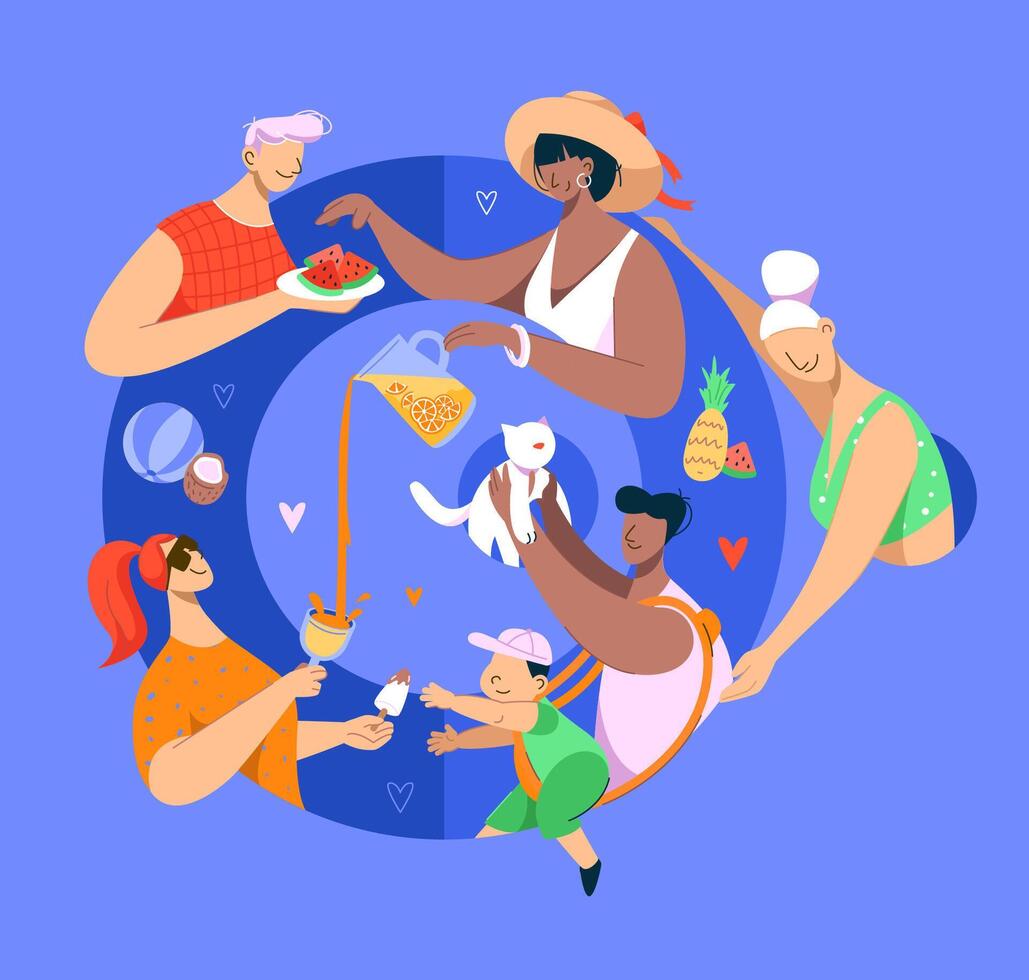 Family on summer vacation concept. Parents and kids enjoying leisure. For outdoor activities and summer travel topics vector
