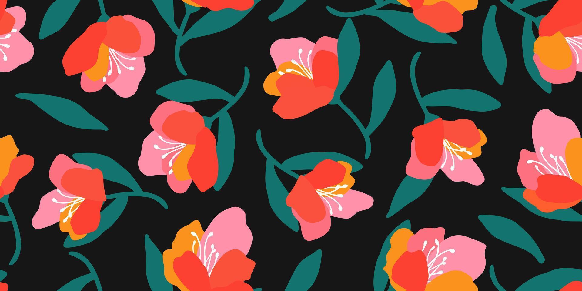 Trendy exotic hand drawn flowers seamless pattern. Floral background for textile, wallpaper, banner, covers, surface, printing and home decor. Flower illustration. vector