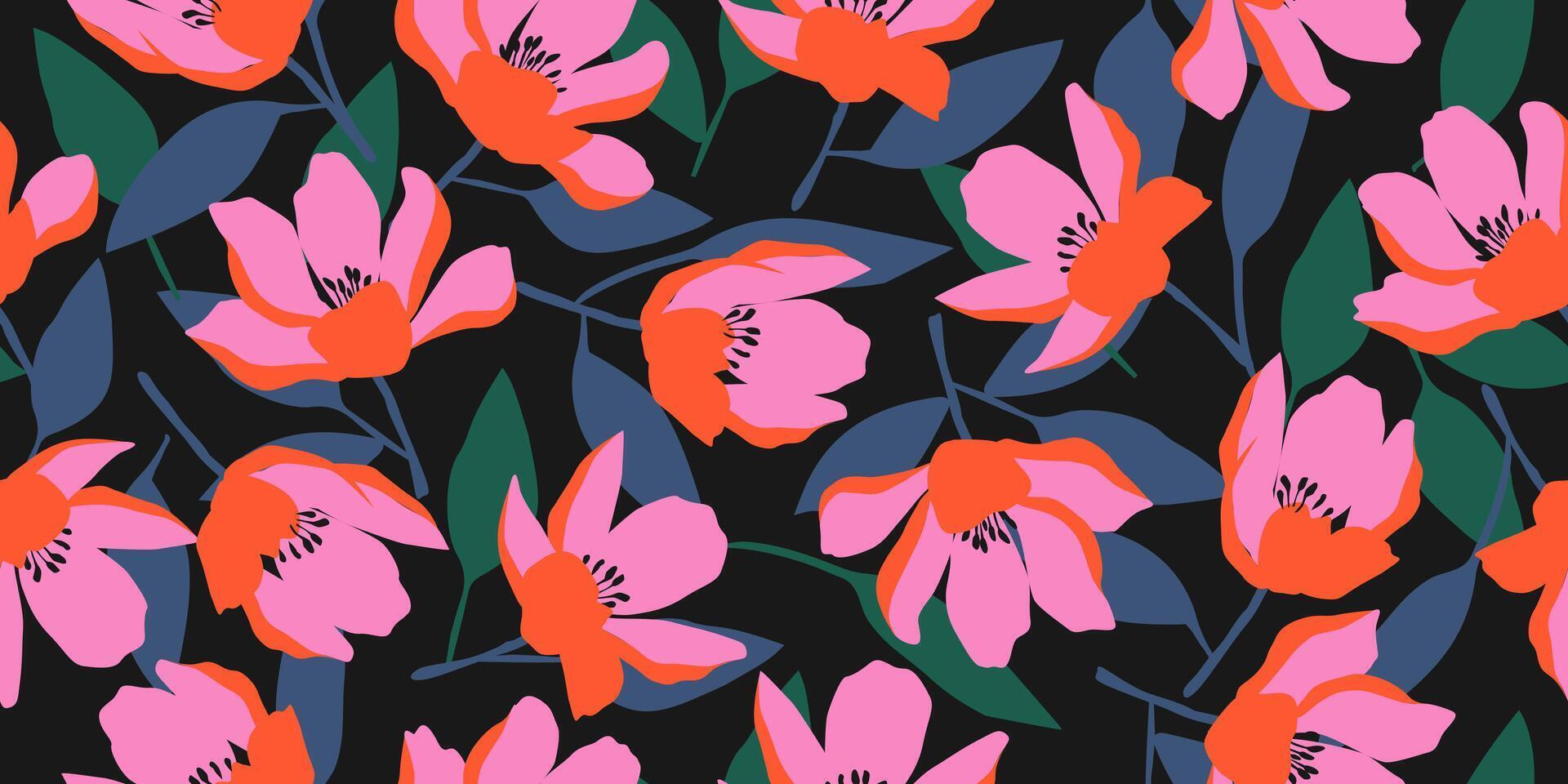 Trendy exotic hand drawn flowers seamless pattern. Floral background for textile, wallpaper, banner, covers, surface, printing and home decor. Flower illustration. vector