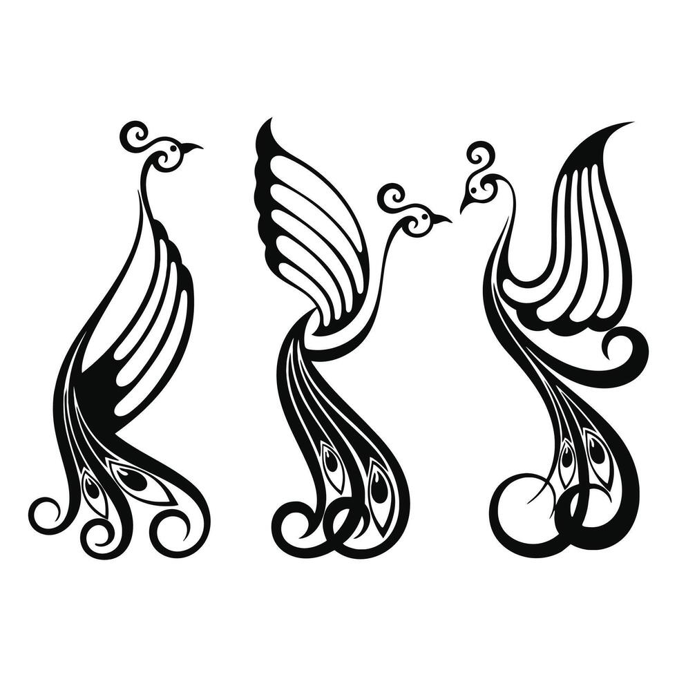 three black and white peacock tattoos vector
