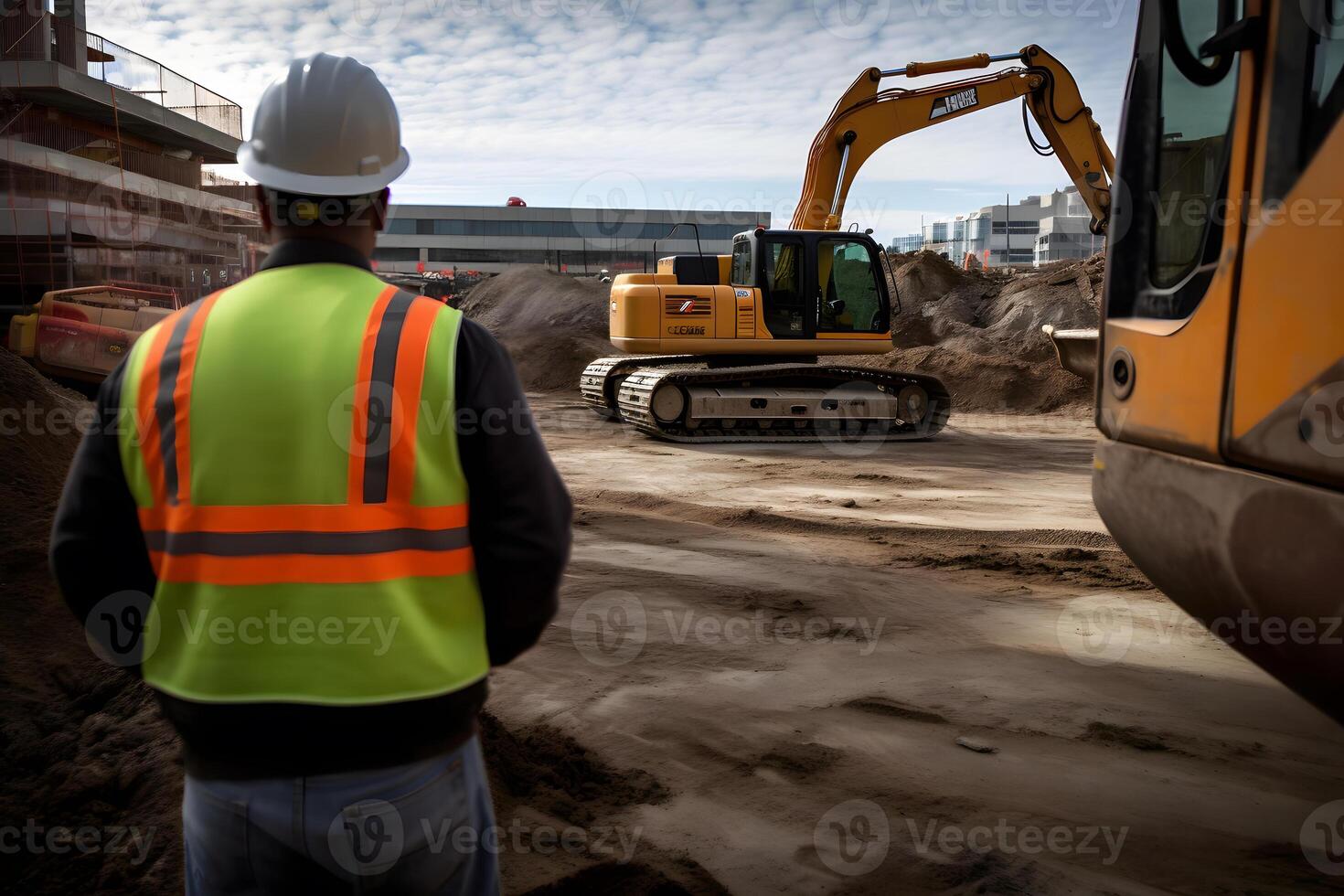 Construction engineer supervising work at building site. Neural network photo