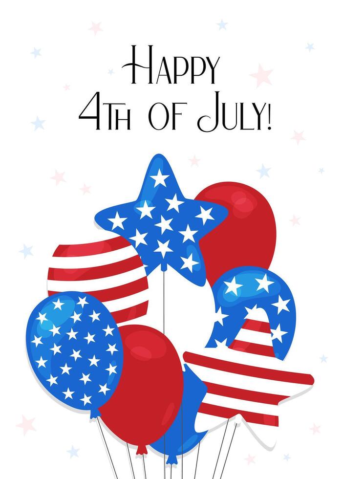 Happy 4th of July United States greeting card. USA Independence Day poster vertical. Balloons bunch in American flag style. illustration. July 4 celebration vector