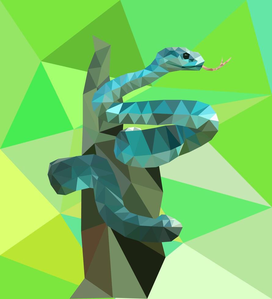 illustration with Green snake in poly art style. 2025 Chinese new year symbol, isolated sign element, apparel print design. polygonal illustration of flexible colorful snake on three vector