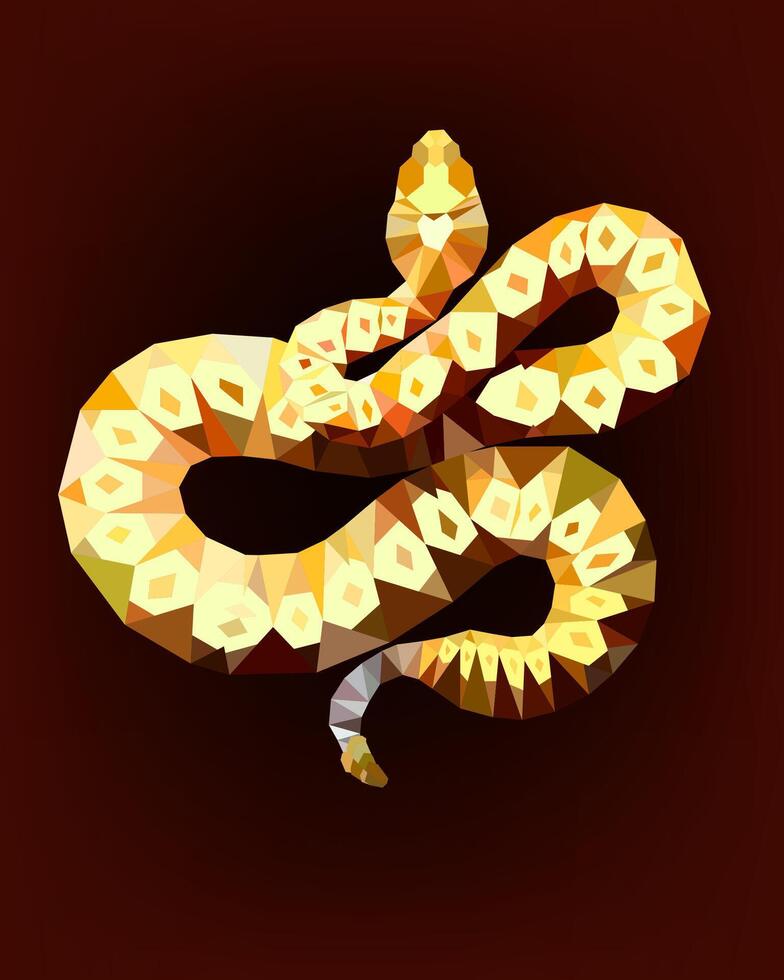 Cobra 2025 Zodiac sign Snake, Polygonal light style illustration, modern design for banner, print or sticker. Yellow curved cobra low poly art on dark background vector