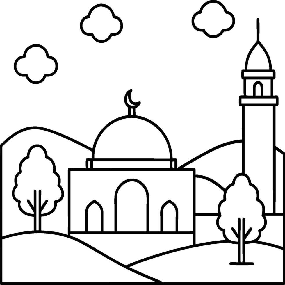 Mosque coloring pages. Outline minaret and dome mosque on white background vector