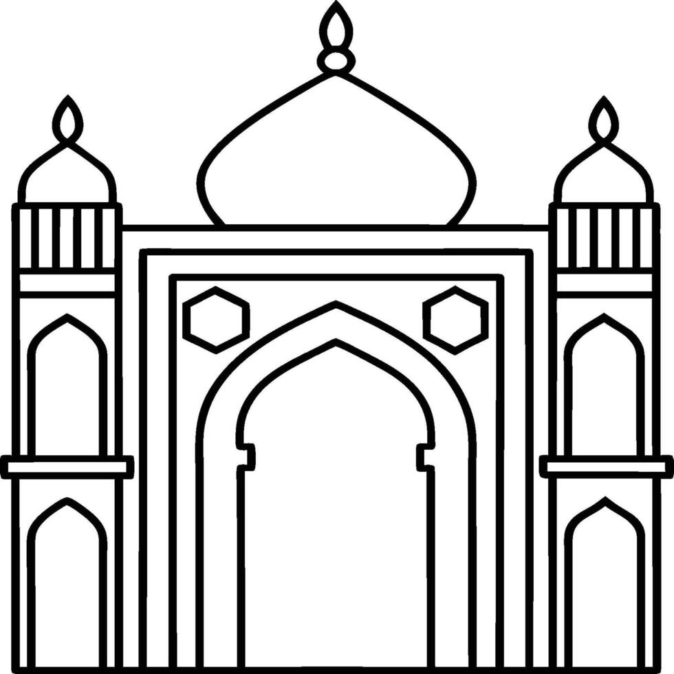 Mosque coloring pages. Outline minaret and dome mosque on white background vector