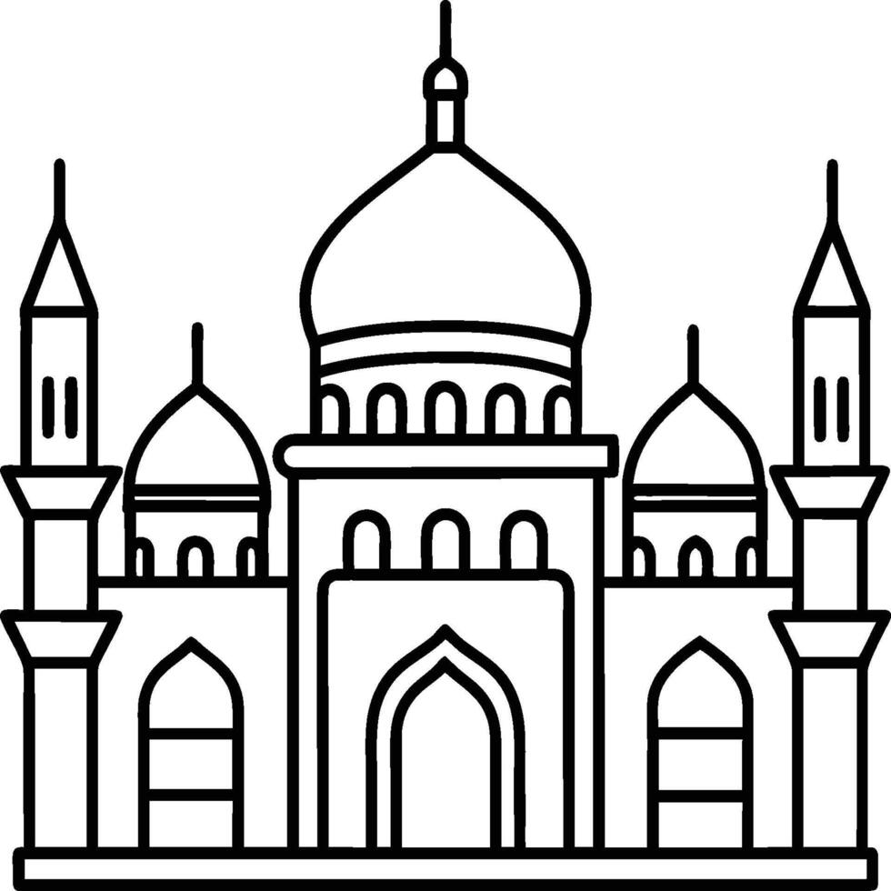 Mosque coloring pages. Outline minaret and dome mosque on white background vector