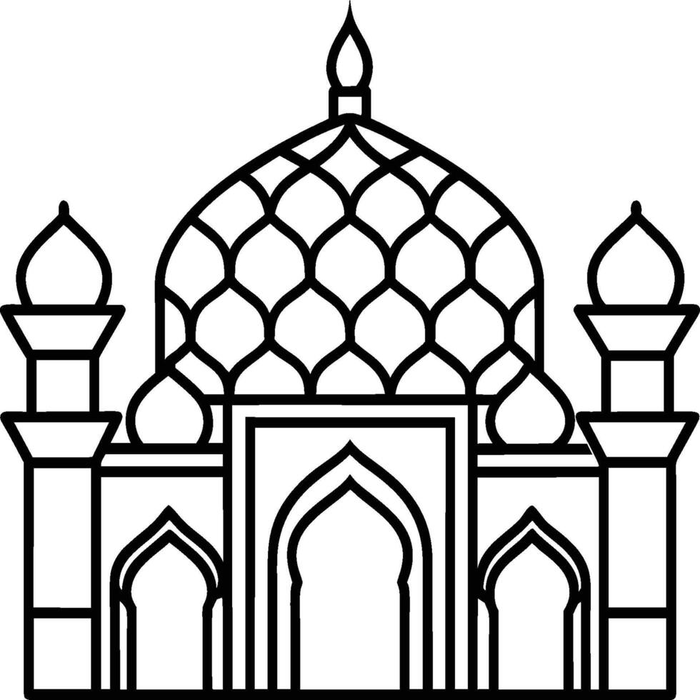 Mosque coloring pages. Outline minaret and dome mosque on white background vector