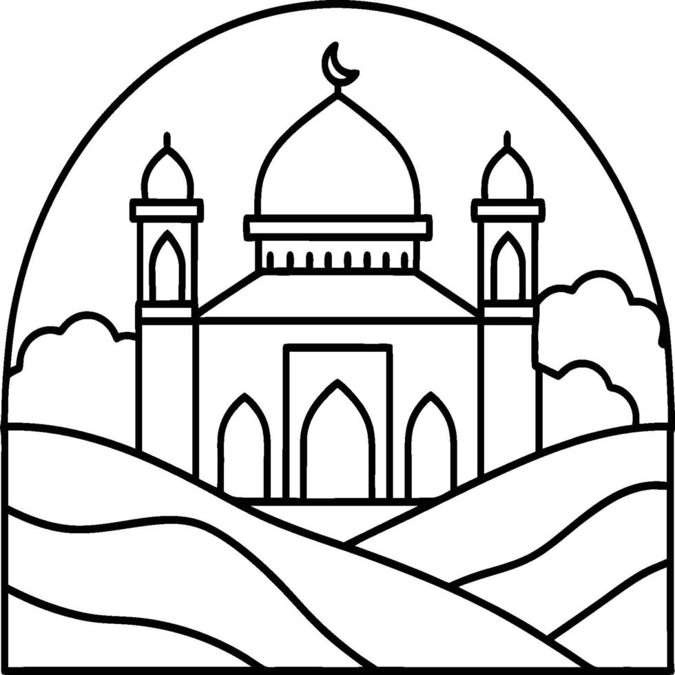 Mosque coloring pages. Outline minaret and dome mosque on white background vector