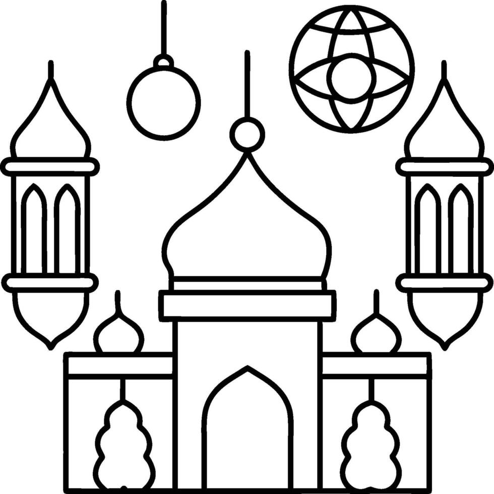 Mosque coloring pages. Outline minaret and dome mosque on white background vector