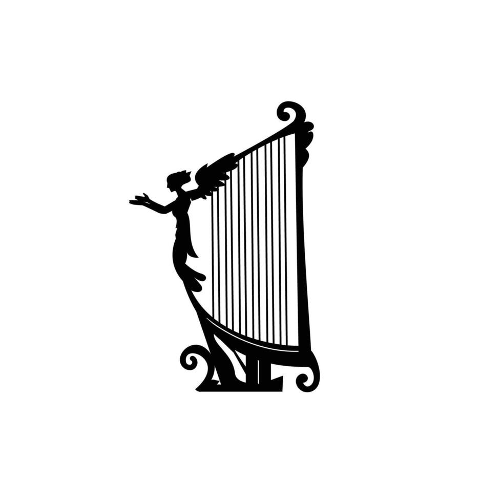 Stringed musical instrument logo illustration, harp silhouette suitable for music stores and communities vector