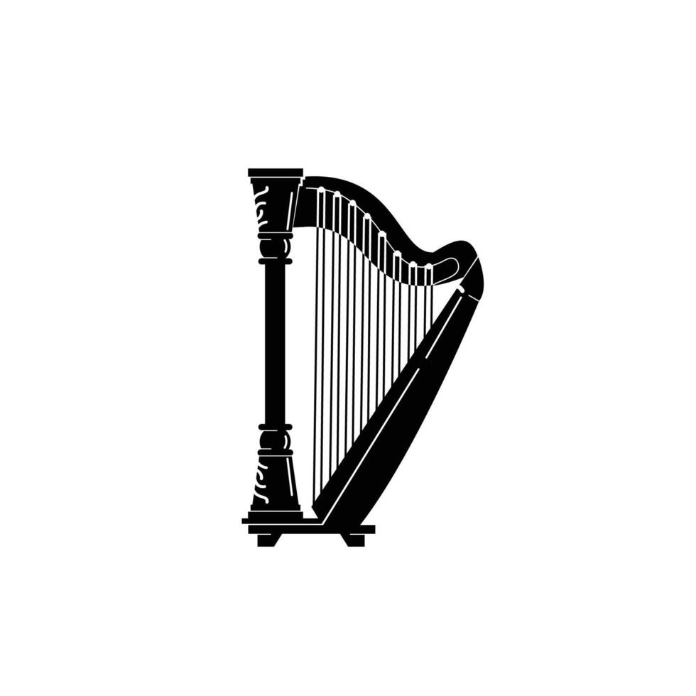 Stringed musical instrument logo illustration, harp silhouette suitable for music stores and communities vector