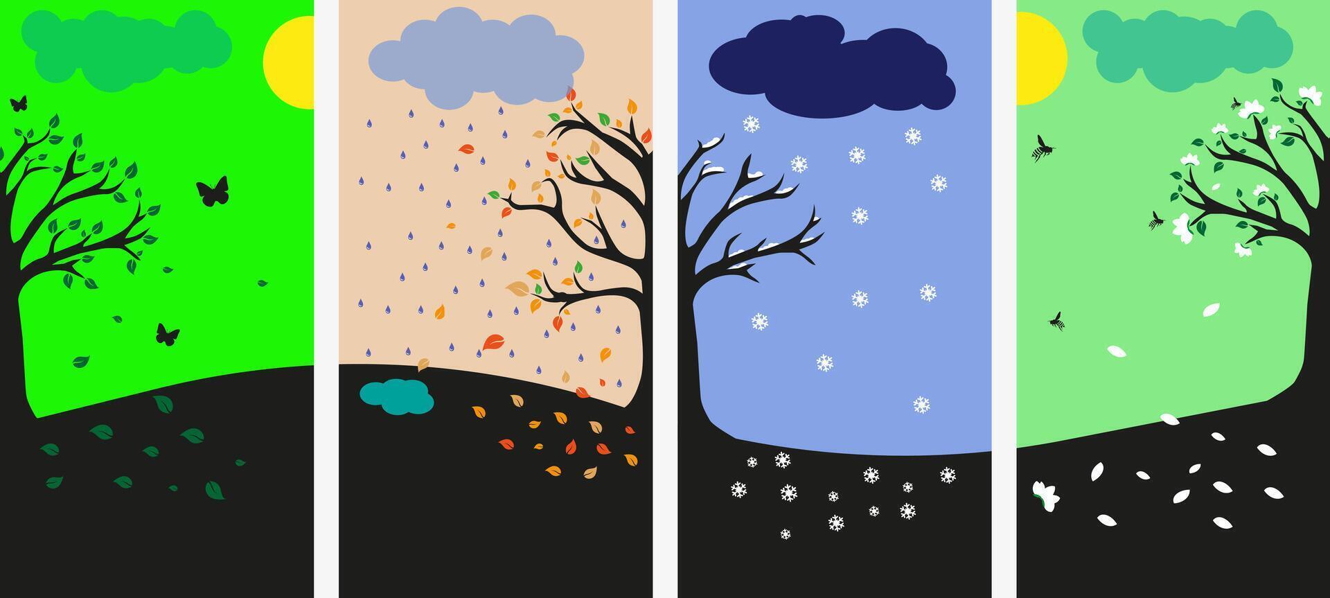 Spring, summer, autumn, winter landscapes in flat style. vector