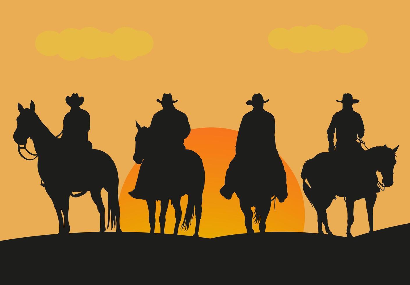 Silhouette of cowboy couples riding horses at sunset. Sunset in the wild west. vector