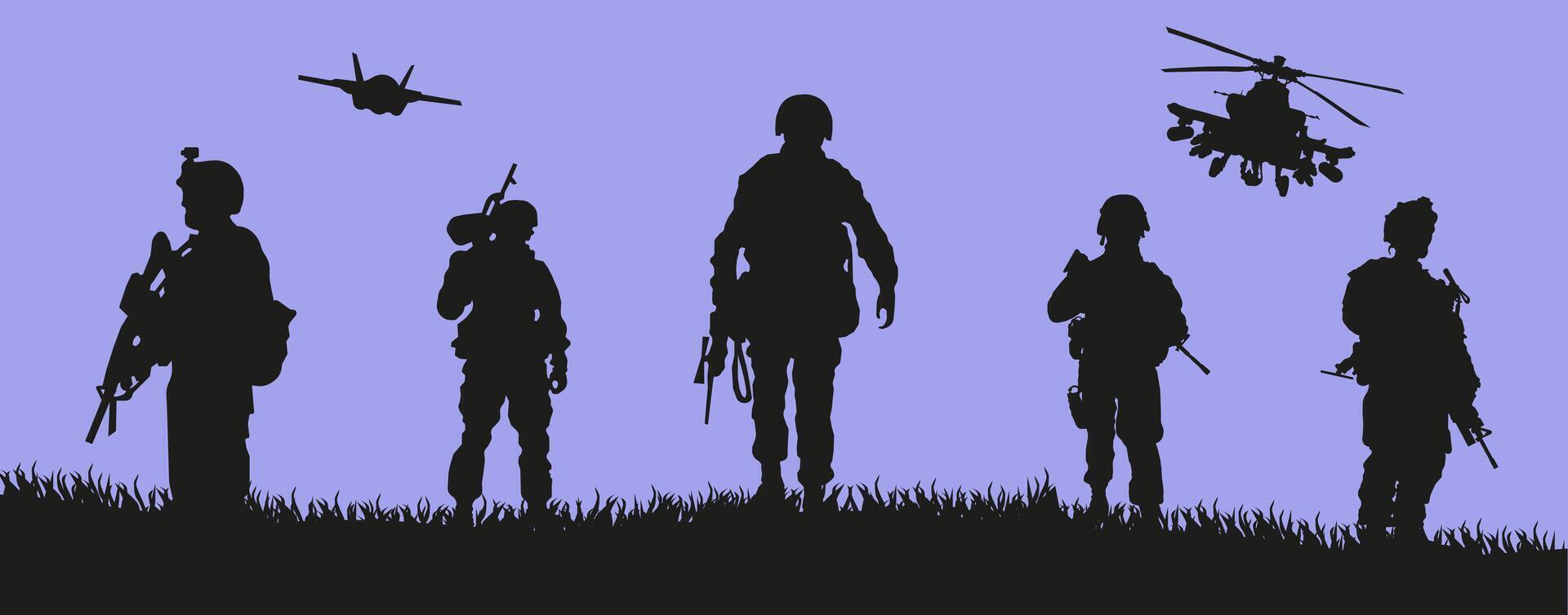 Silhouette of the military with weapons during training. vector