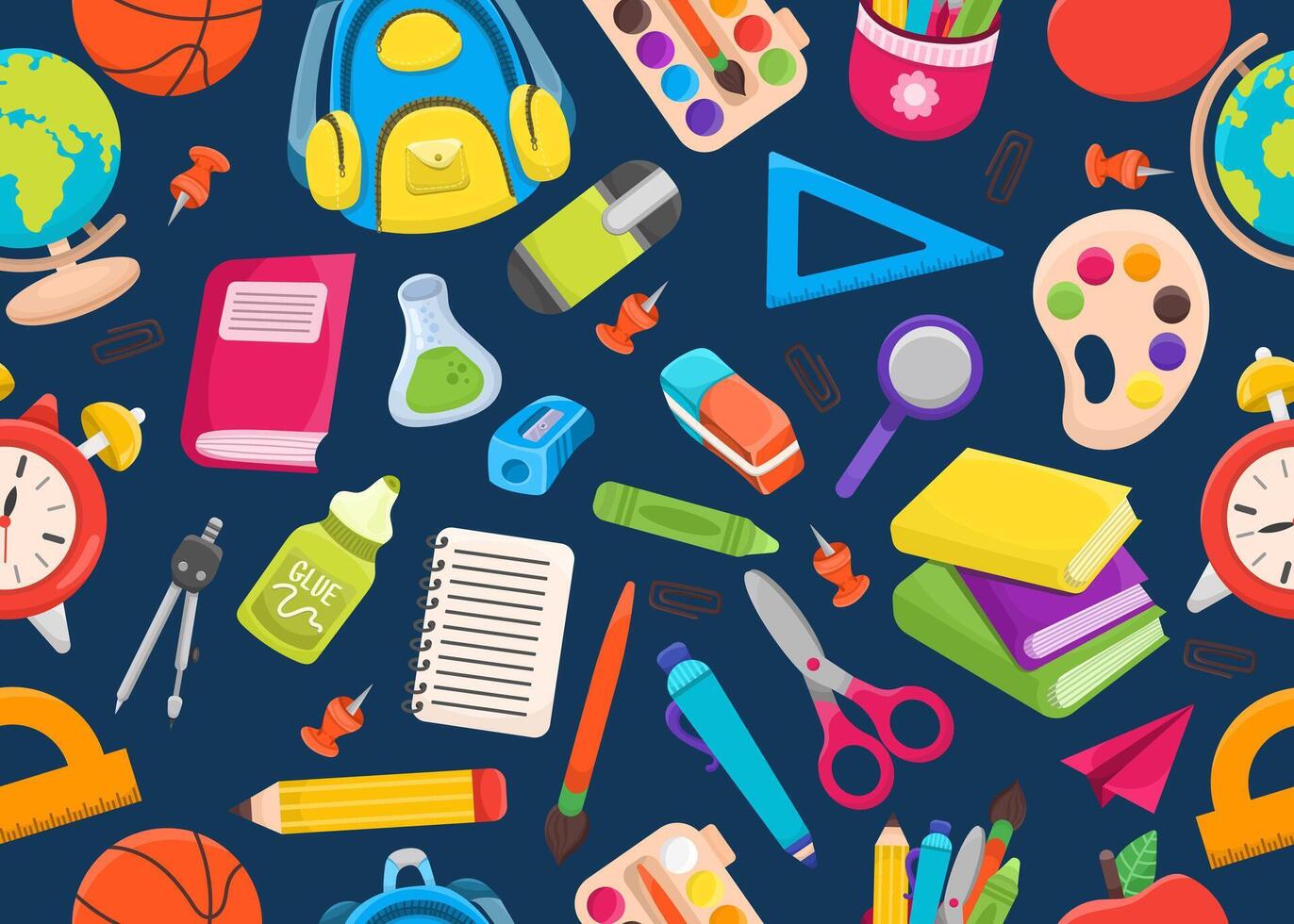 Seamless pattern on the theme of school in cartoon. School objects, books, school supplies vector