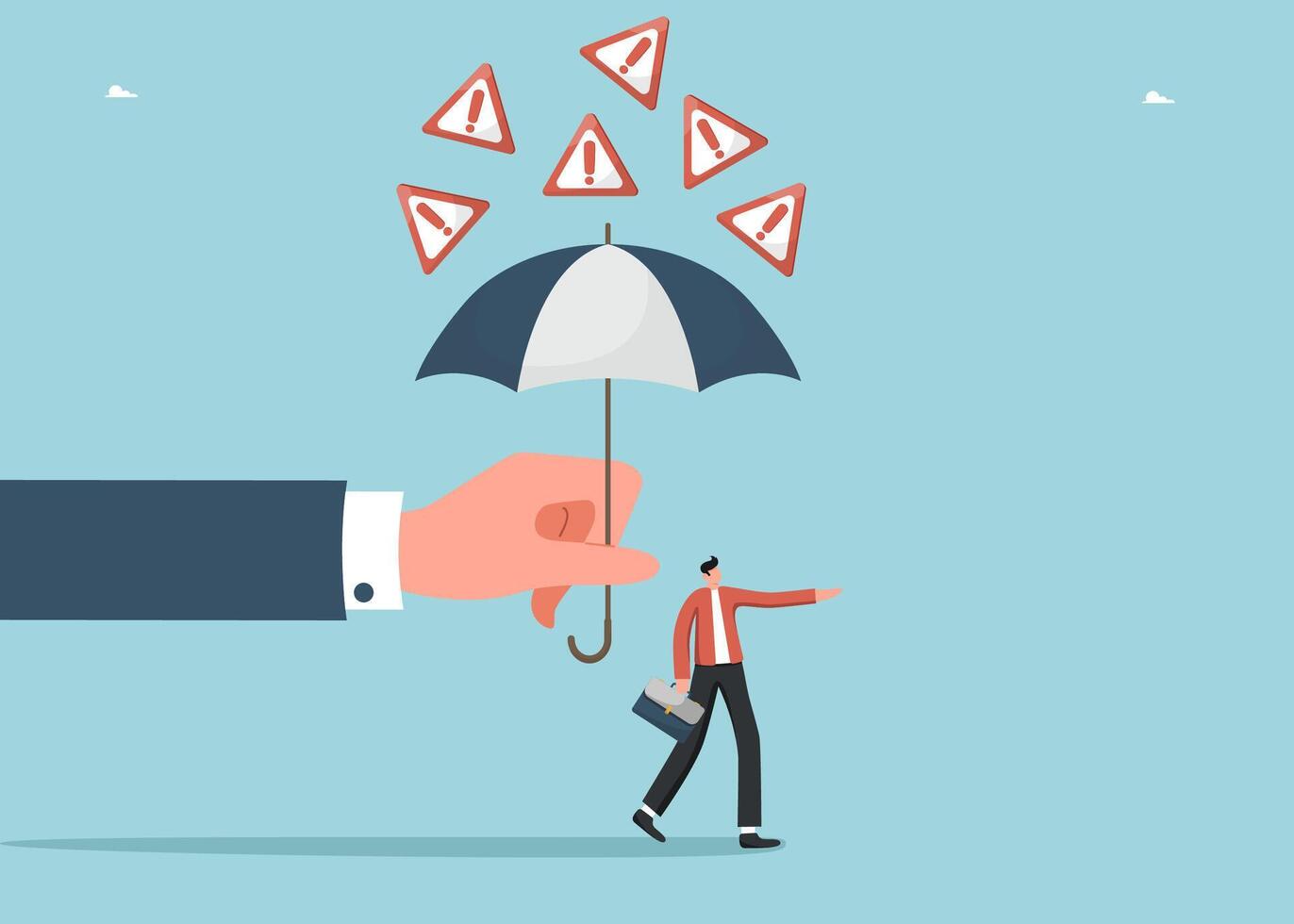 Hand with umbrella protects man from falling danger signs vector