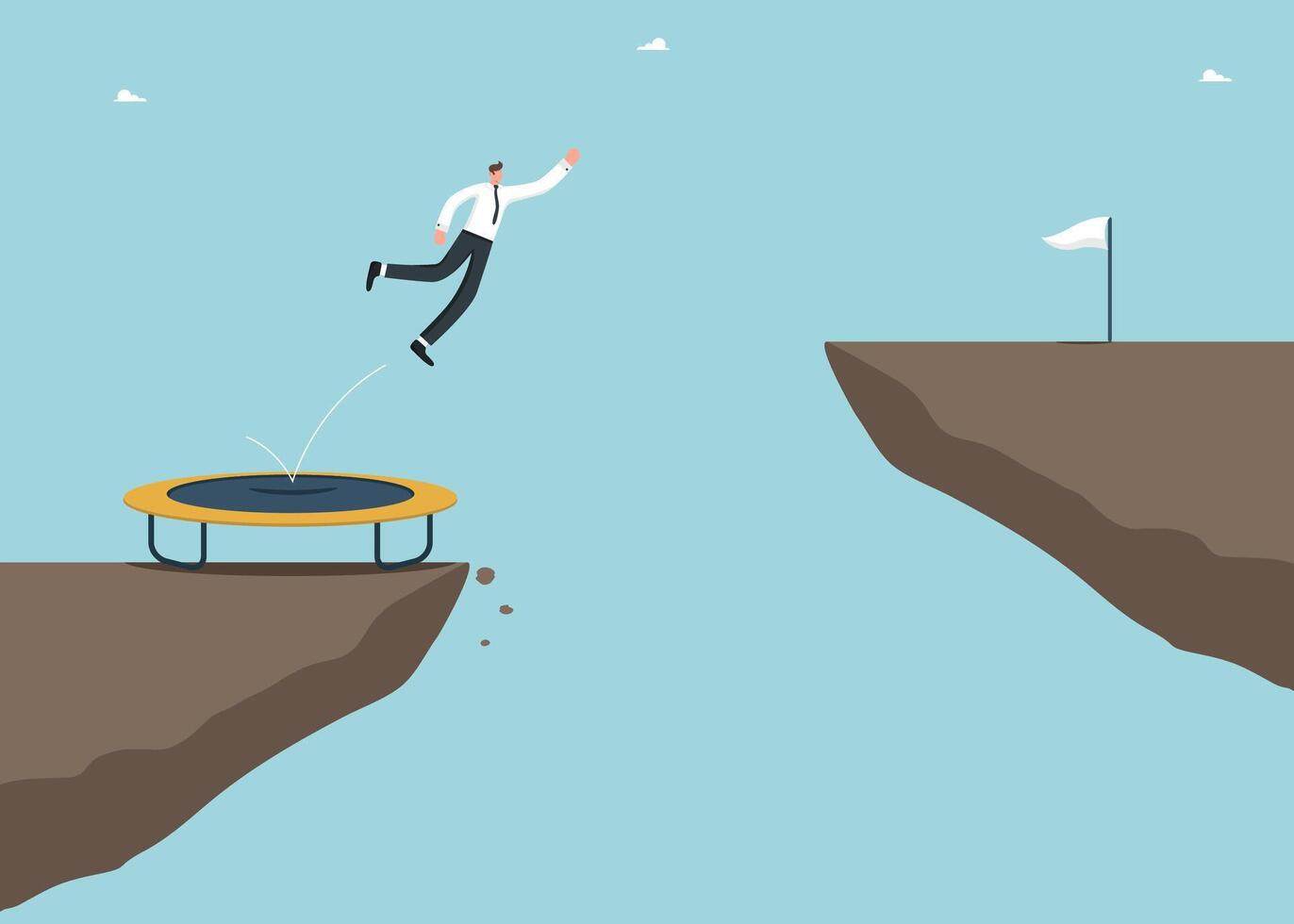 Man using trampoline overcomes cliff vector