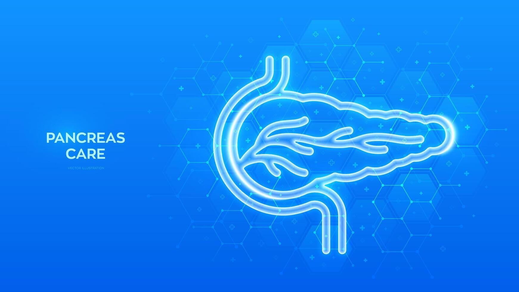 Pancreas icon. Pancreas health, care and protection. Treatment of pancreatic diseases, acute and chronic pancreatitis. Molecular structure. Blue medical background with hexagons. illustration. vector