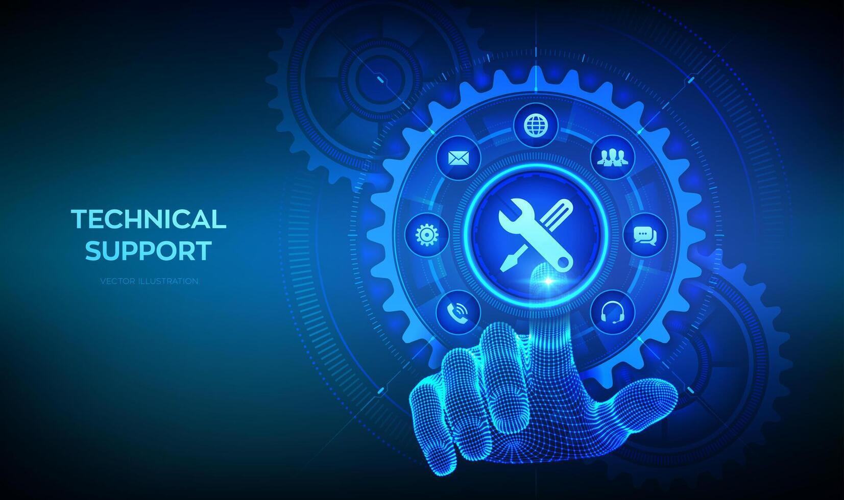 Technical support. Customer help. Tech support. Customer service, Business and technology concept. Wireframe hand touching digital interface with connected gears cogs and icons. illustration. vector