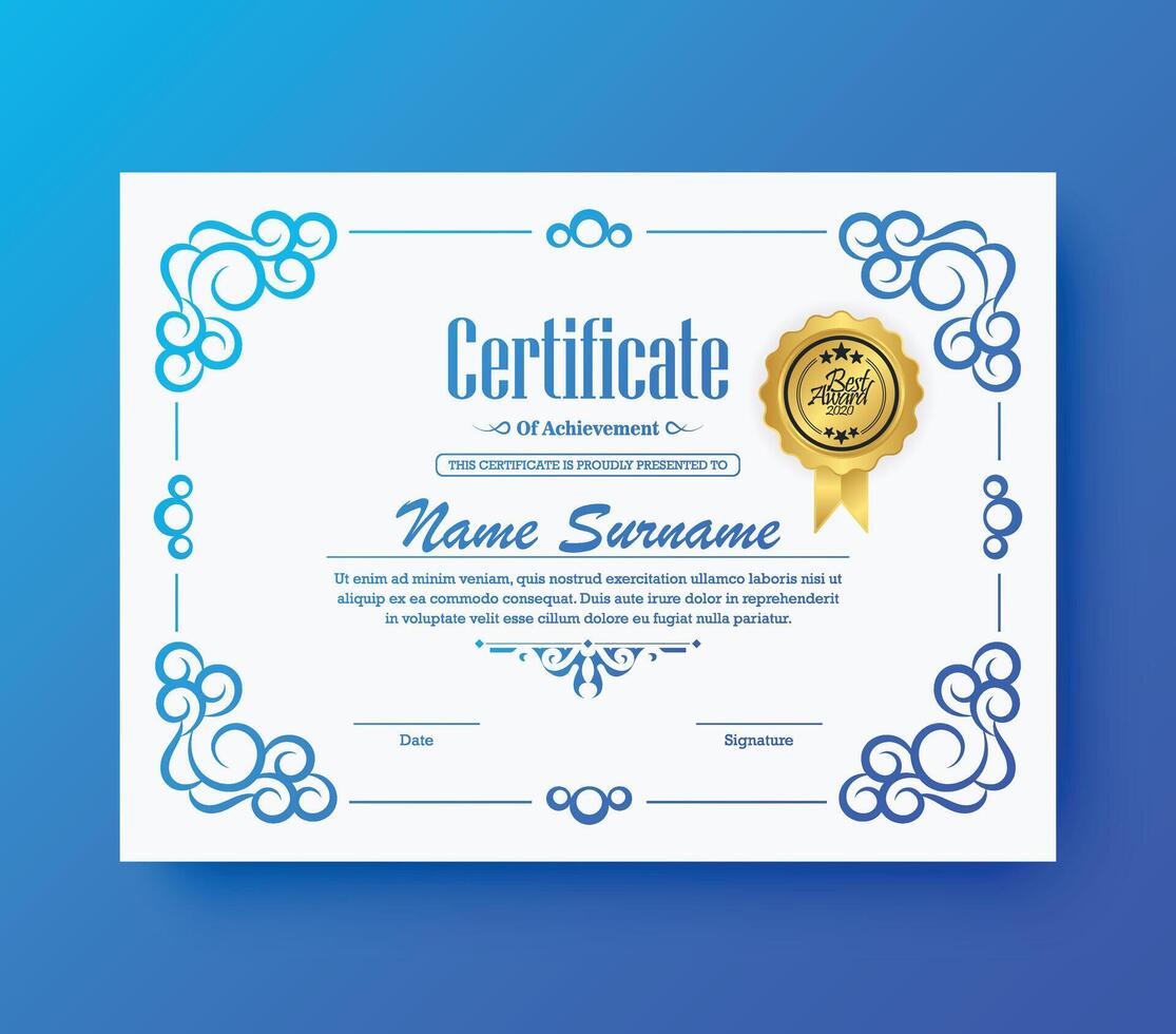 Blue achievement certificate best award diploma vector