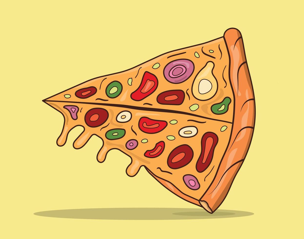 A piece of delicious pizza with various ingredients close up illustration vector