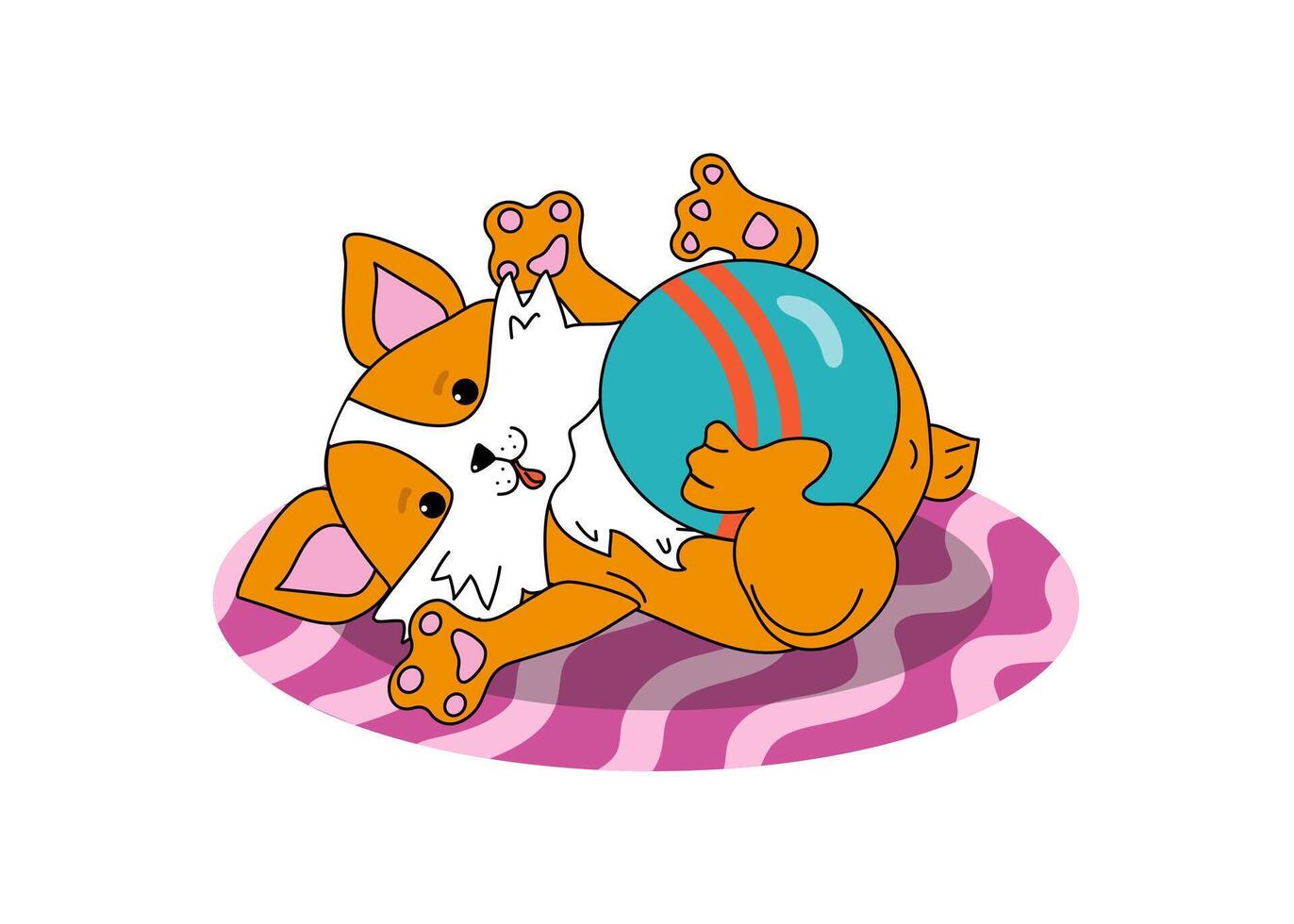 Cute puppy plays with a ball. Cartoon funny corgi dog on the rug. Cheerful pet with a toy, illustration on isolated background. vector