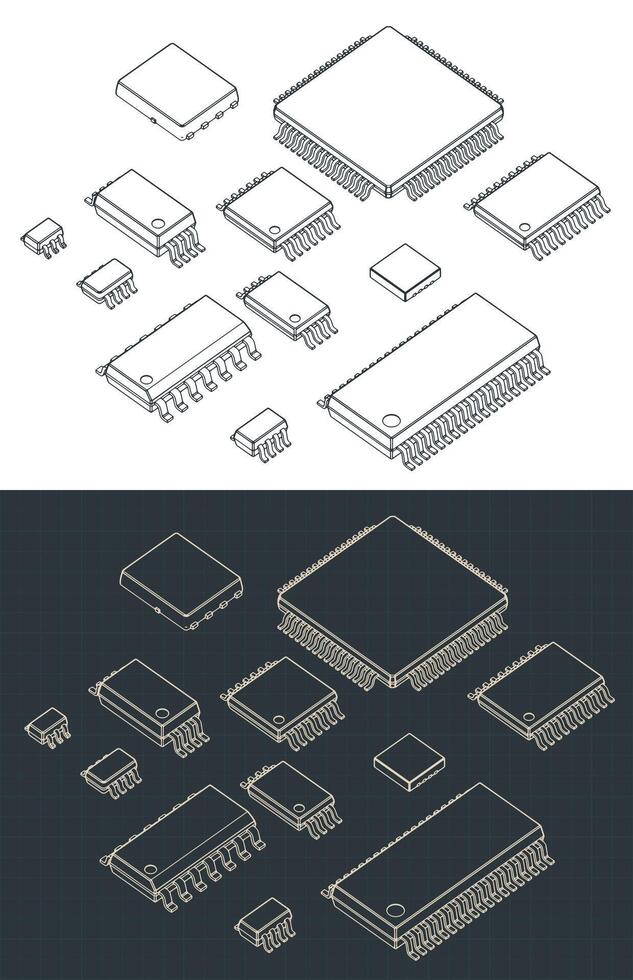 Integrated circuits packages surface mount isometric blueprints vector