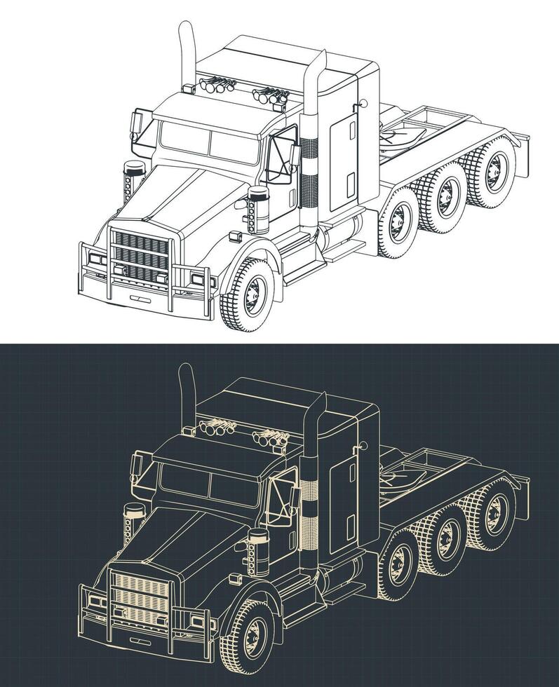 Truck tractor isometric blueprints vector