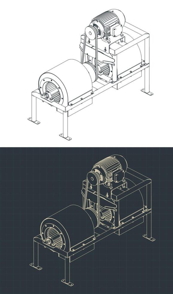 Industrial centrifugal air blower isometric blueprints vector