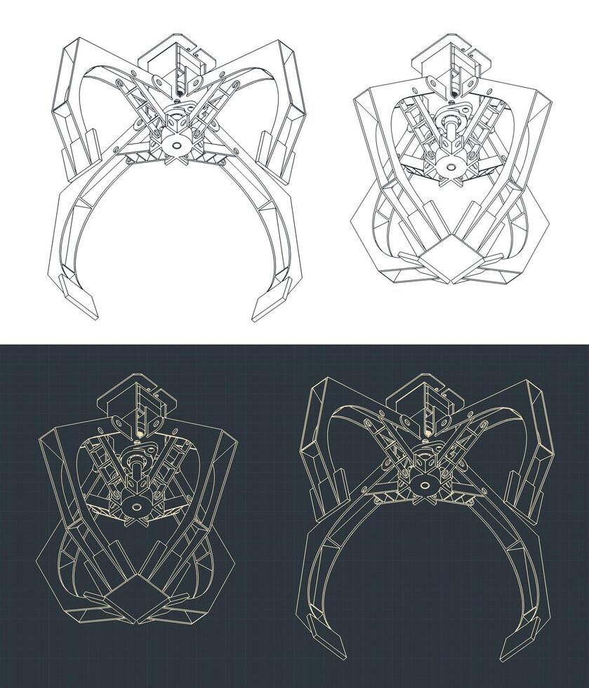 Jaw gripper isometric blueprints vector