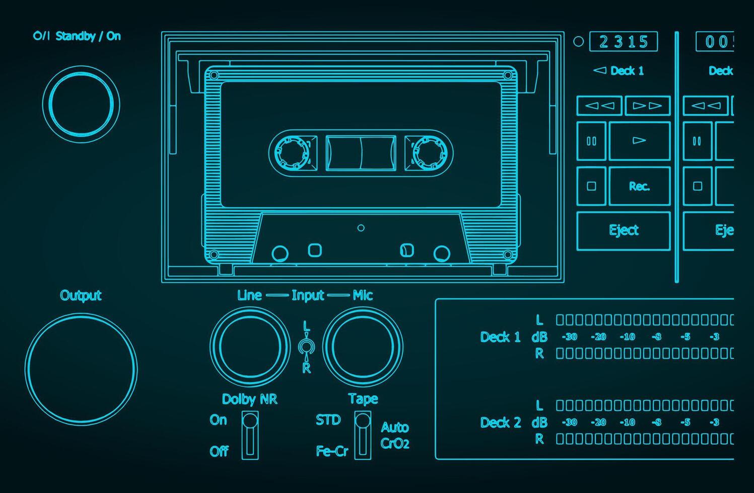 Tape recorder cassette deck blueprint vector