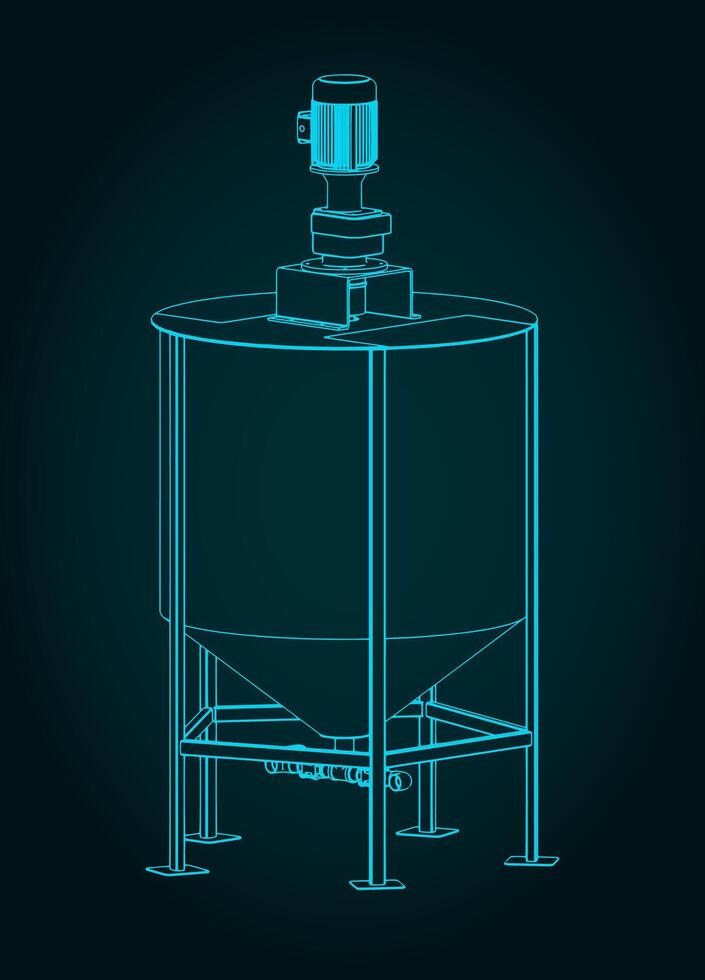 Large industrial tank mixer isometric blueprint vector
