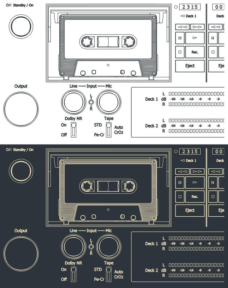 Tape recorder cassette deck blueprints vector
