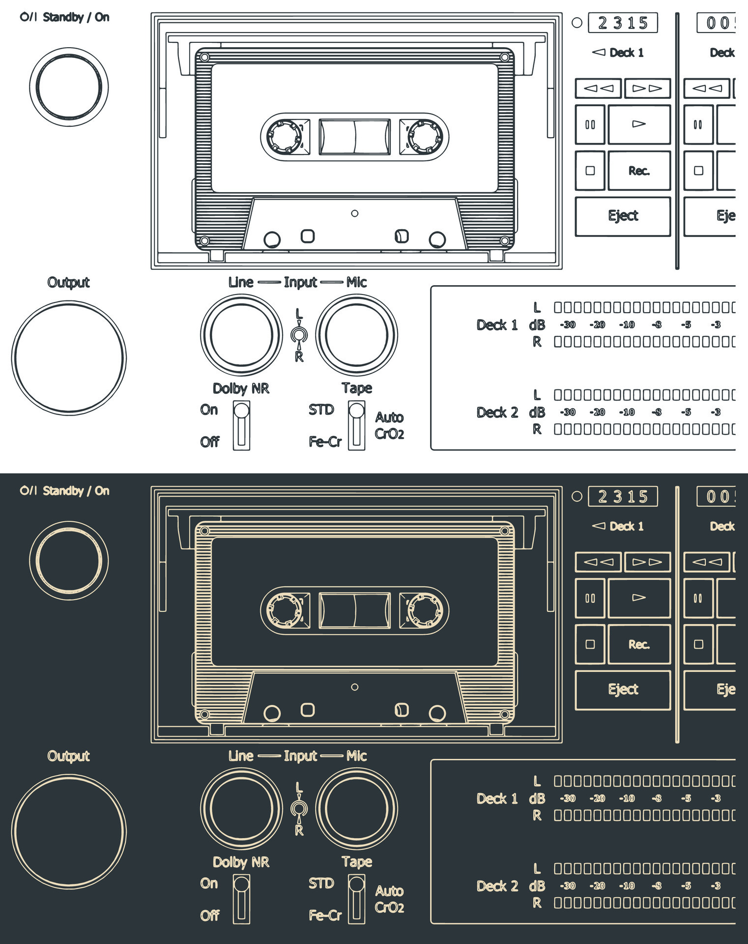 Tape recorder cassette deck blueprints 46529951 Vector Art at Vecteezy