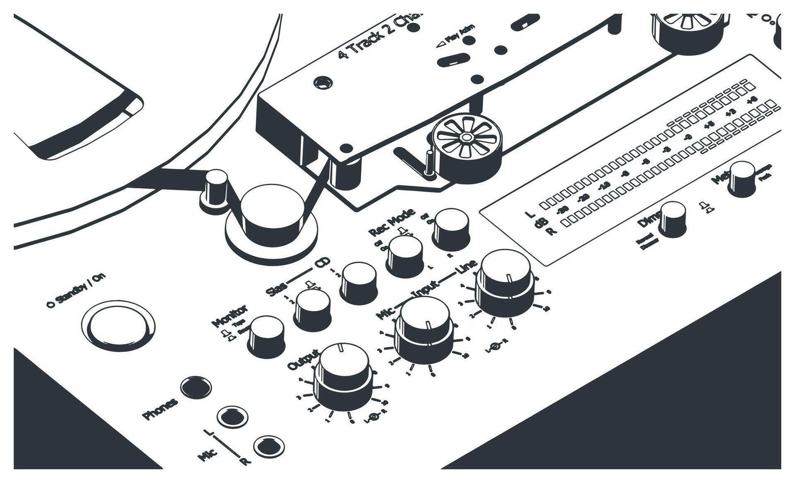 Tape drive mechanism of reel-to-reel recorder close-up vector