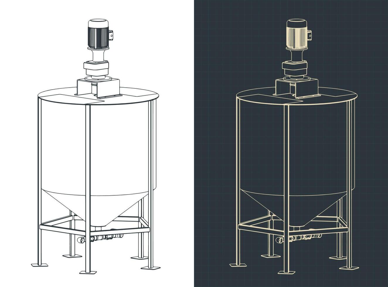 Large industrial tank mixer isometric blueprints vector