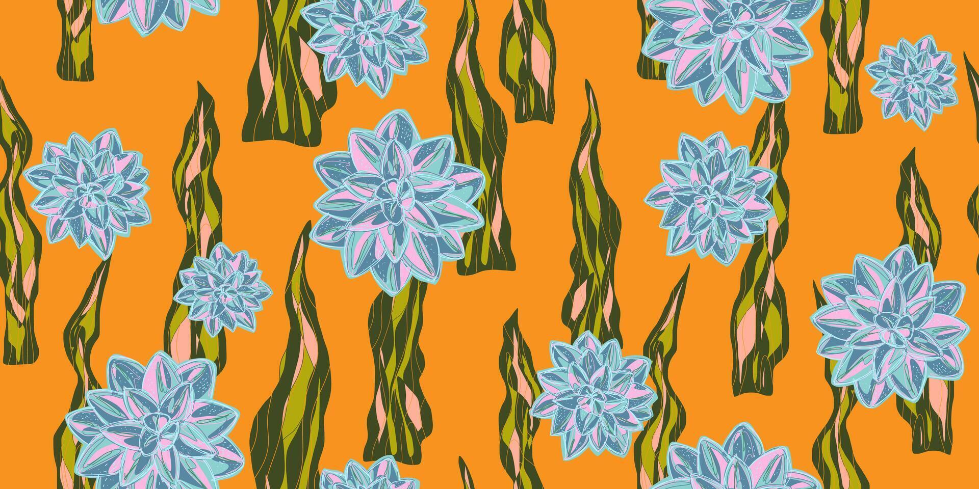 a pattern with blue flowers on an orange background vector