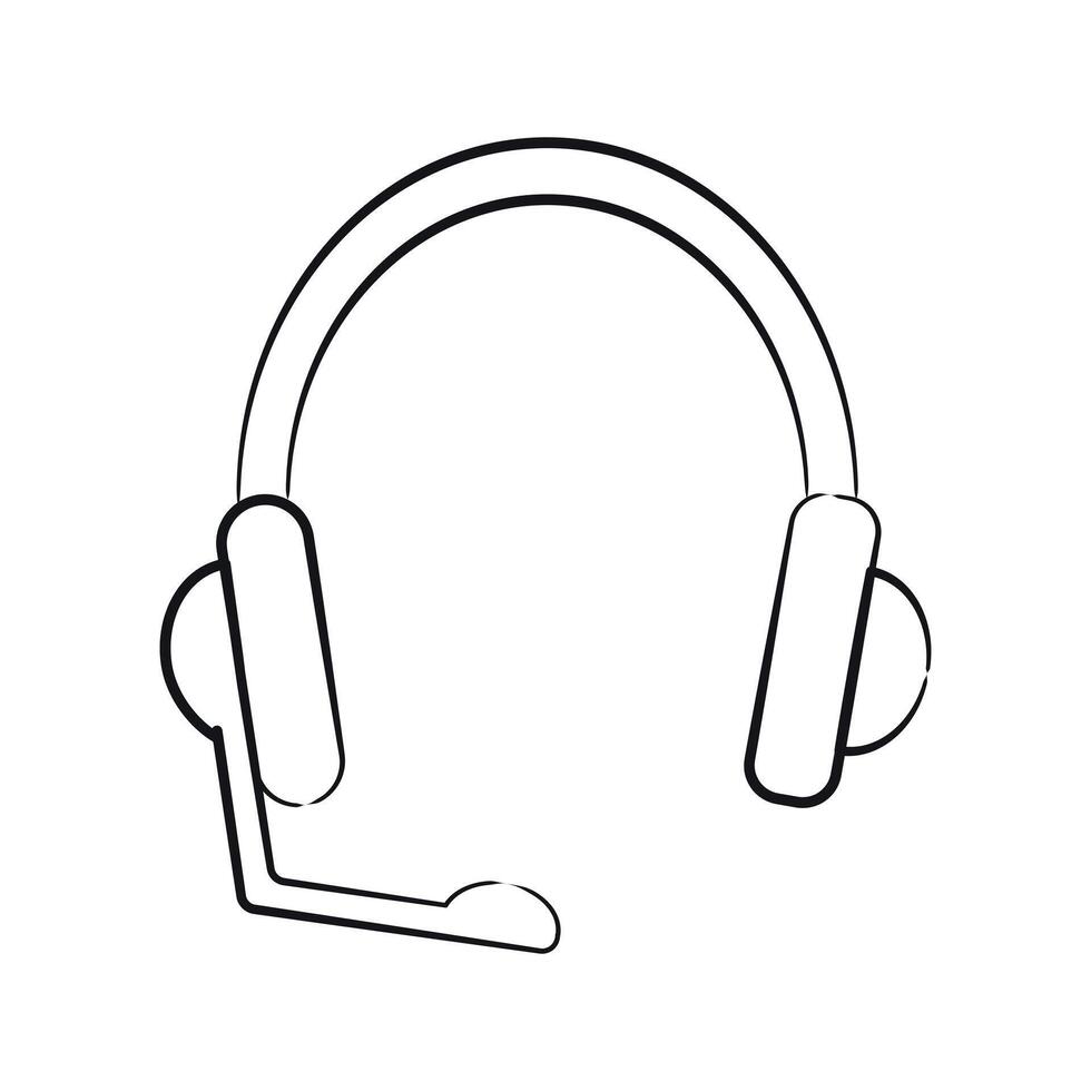 Pencil drawing of Headphones with microphone. Sketch Headset isolated on white background. Outline professional IT equipment. Linear equipment technical support, office. Contour illustration vector