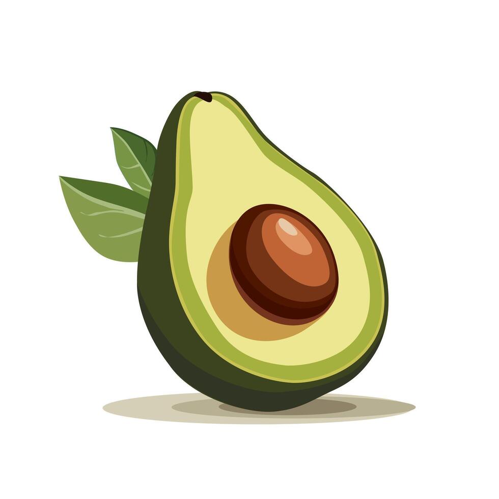 Fresh half cut green avocado with leaf isolated on white background. Side view clipart. Food illustration in flat style. Summer clipart for design of card, banner, flyer, sale, poster for party vector