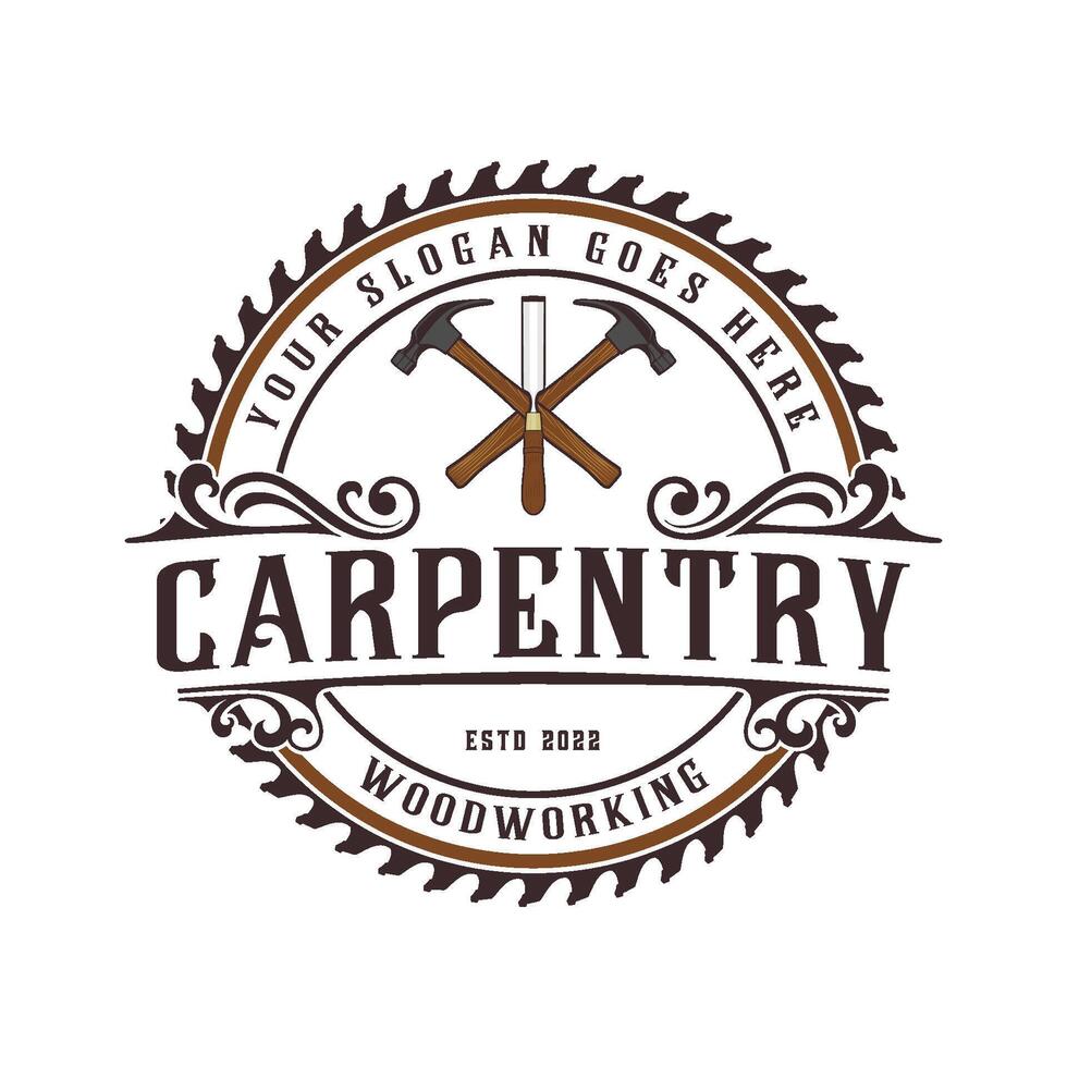 woodworking logo. chisels, hammers and saw blade with ornaments, carpenter's symbols, for carpentry or furniture vector